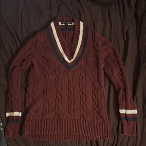 Brooks Brothers Maroon Cable Knit Sweater with Striped V-Neck